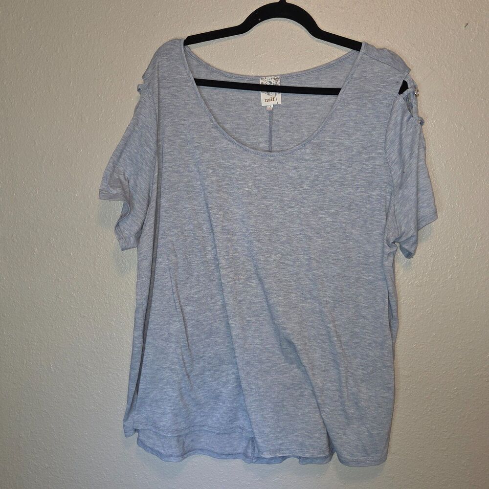 Naïf Heather Light Blue Cold Shoulder Embellished Sleeve Top 2X